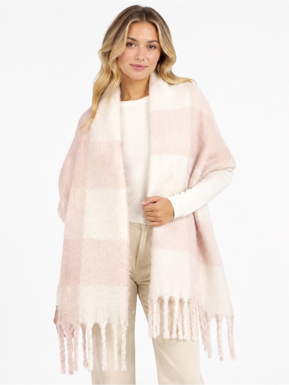 Steve Madden Blush Pink White Plaid Oversized Blanket Wrap Scarf Fringe OS